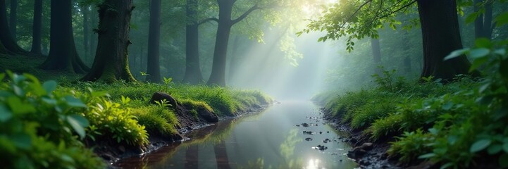 Mist rises from a puddle of rainwater on the forest floor, mist, calm