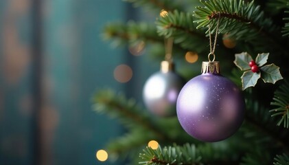Lavender and silver ornaments in soft focus hang from a rustic wooden tree, silver, holly