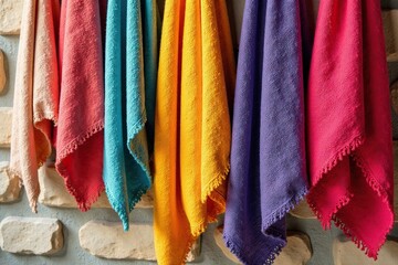 Handmade colored fabric draped over a stone wall, handmade fabric, colored fabrics, natural textures