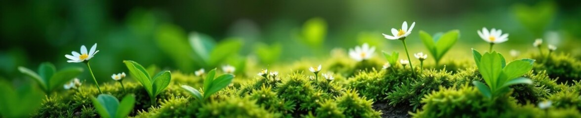 Mossy green leaves surround small white flowers, foliage, springtime, forest life