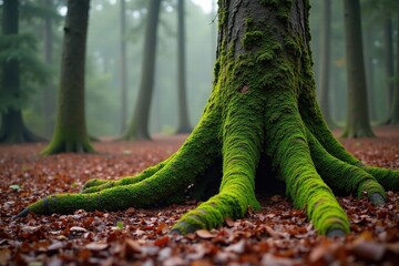 Mossy tree trunk with roots exposed in damp winter wood, damp woodlands, evergreen trees, tree bark