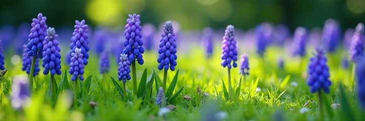 Muscari grape hyacinth in a field with green grass, field of flowers, muscari flowers