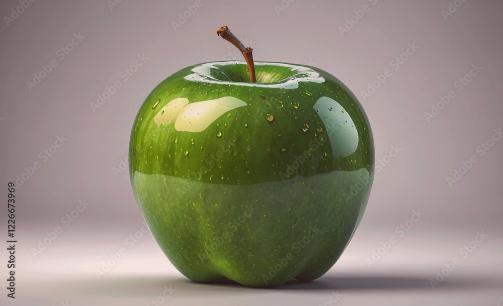 Poster a shiny green apple with a stem. the apple is sitting on a table. the apple is shiny and looks fresh