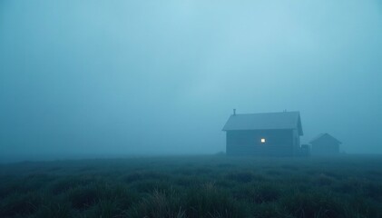 Ominous foggy landscape with soft gradient blue and grey hues, scenery, atmosphere, serene