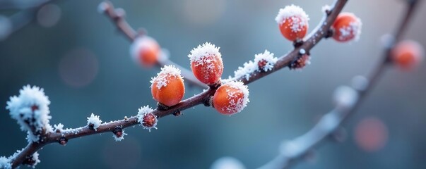 Orange and blue frosted buds bloom on bare branches, , frosty branches