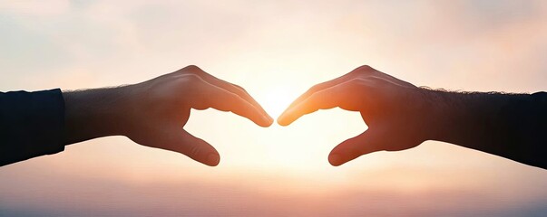 Two hands forming a heart shape against a sunset, symbolizing love, connection, and warmth.