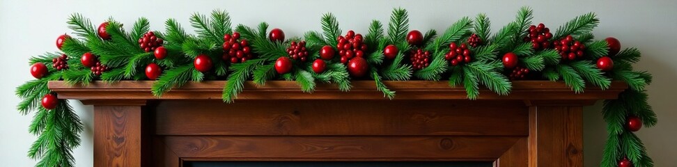 Red and green garland draped across a wooden mantel, inviting ambiance, evergreen branches, wooden mantel