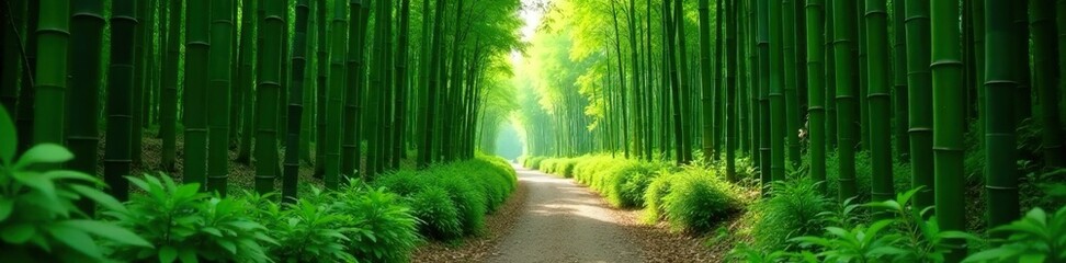 Serene bamboo forest path winding through lush greenery, Bamboo, Peaceful, Pathway