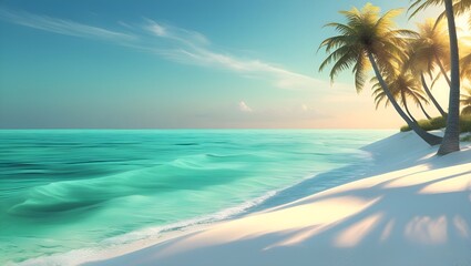Fototapeta premium Crystal-clear turquoise water, a soft gradient in the sky, and shadows cast by palm trees on the sand. 