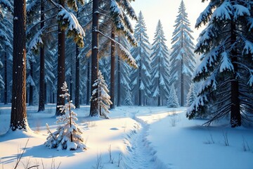 Snowy forest floor with a few remaining larch trees, landscape, snowy