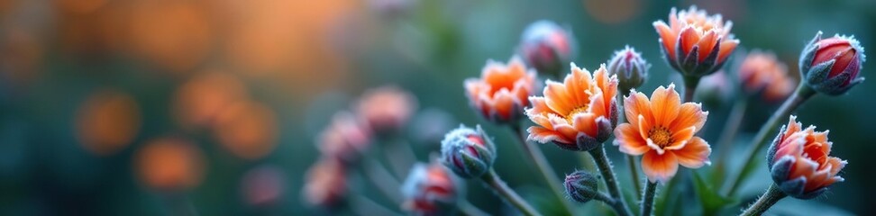 Soft focus reveals orange and blue frosted flower buds, botanicals, , flower buds