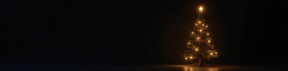 Solitary modern Christmas tree with glowing string lights on black background, Minimalist Christmas, Seasonal Decor