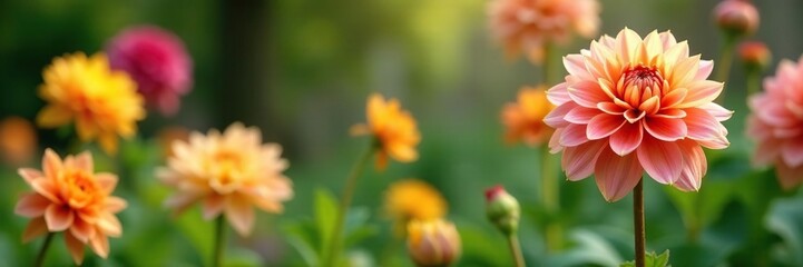 Spring garden with blooming flowers and greenery, dahlia, spring