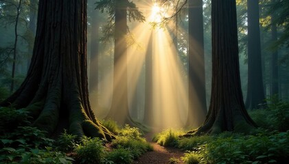 Sunlight illuminates misty redwood forest morning, revealing towering trees and lush undergrowth, redwood, sunlight