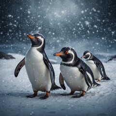 Obraz premium A penguin-themed winter wonderland scene with floating snowflakes.