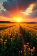 The warm glow of sunset casts long shadows across the fields, rapeseed, twilight zone