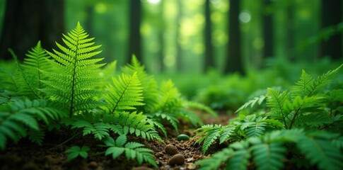 Wild fern fronds spread across the forest ground, plant life, greens