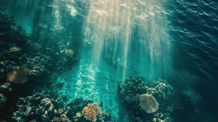Underwater scene showcasing vibrant coral reefs and sunlight filtering through the water.
