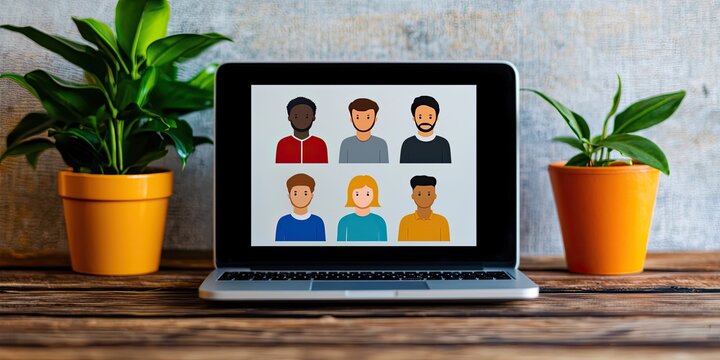 A laptop displays diverse avatars against a textured background, flanked by two potted plants, creating a vibrant workspace atmosphere.