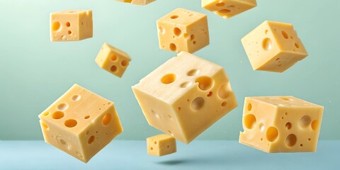 Soft yellow cheese cubes with signature holes levitating in the air, highlighting their rich texture and delicious dairy essence.