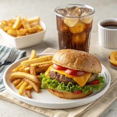Juicy hamburger with melted cheese on a sesame seed bun served with fresh lettuce and tomato