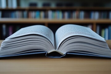 Obraz premium A book is open on a table with a library background. The book is a novel and the pages are white