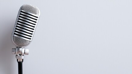 Fototapeta premium Retro microphone on stand, light grey background, podcasting concept