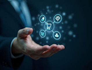 Fototapeta premium a_closeup_of_a_hand_interacting_with_a_glowing_e-commerce_interface_with_icons_for_shopping_cart