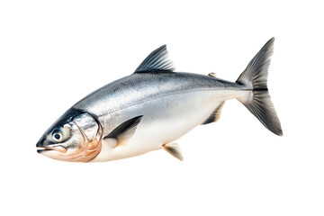 Fototapeta premium Raw salmon fish with detailed fins and scales, isolated on white transparent background, concept of marine life.
