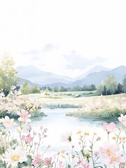 Spring meadow serenity rural landscape watercolor art tranquil environment natural viewpoint peaceful concept