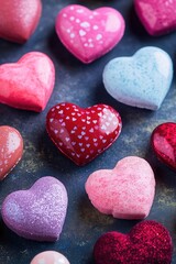 Obraz premium Colorful, heart-shaped gummy candies in various flavors and colors for a festive treat or a fun alternative to chocolates. Assorted sweets perfect for parties, Valentine's Day, or just because.