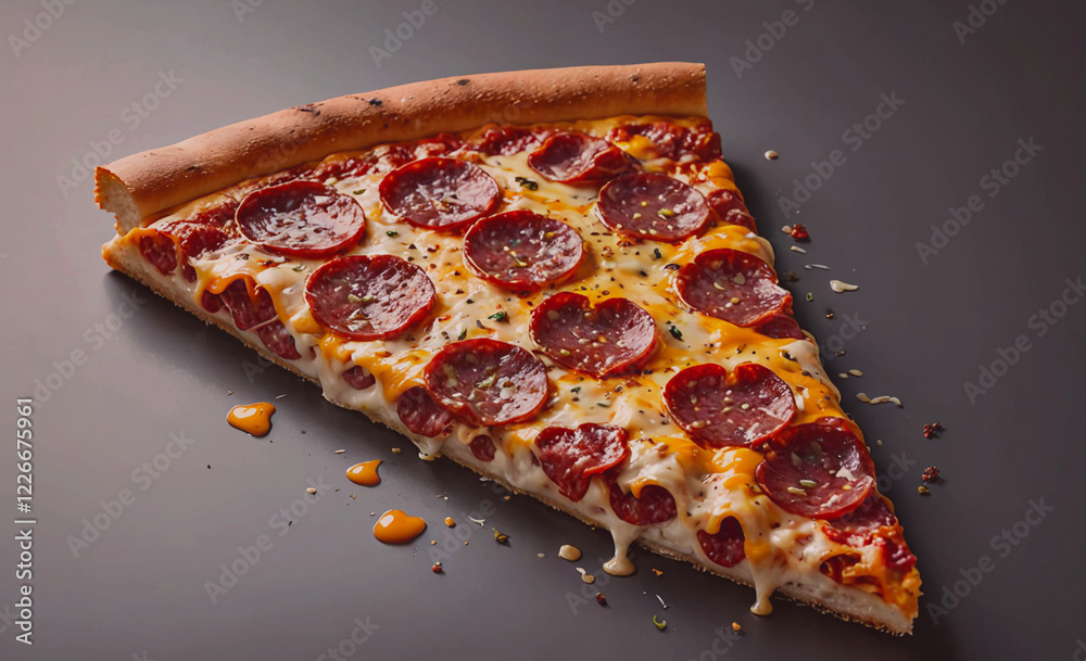 Poster a slice of pepperoni pizza with cheese on it. the pizza is cut in half and is sitting on a table