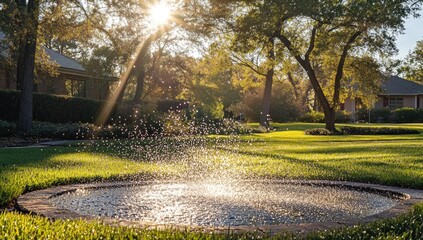 Sunlit Water Feature in a Lush Suburban Landscape