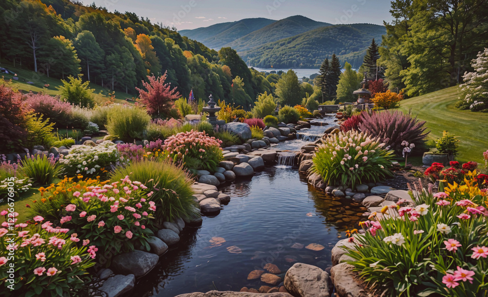 Aufkleber a beautiful garden with a small stream running through it. the stream is surrounded by colorful flow