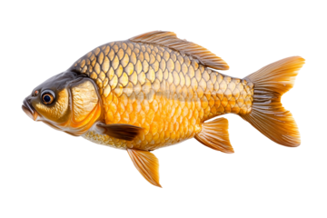 Closeup of fresh common carp fish with detailed scales and fins, isolated on white transparent background, concept of aquatic life