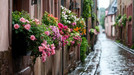 A row of colorful flower-filled windowsills on a charming cobblestone street