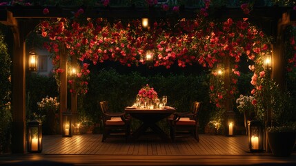 Obraz premium A rustic wooden deck with a flower-covered pergola, a cozy outdoor table, and soft lantern lighting