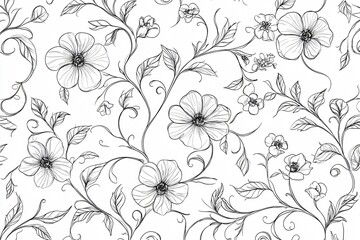 Obraz premium Intricate floral pattern featuring delicate line drawings of various flowers and vines on a white background