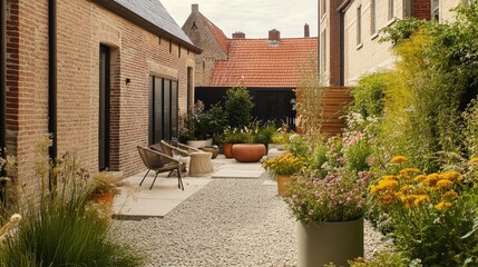 Obraz premium A Scandinavian-inspired outdoor terrace with a neutral color palette, simple flower pots, and a cozy seating area