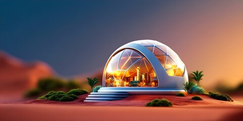 A futuristic dome-shaped building in a desert landscape, featuring large glass windows and a warm, inviting interior. Concept Futuristic Architecture, Dome-Shaped Structures, Desert Aesthetics