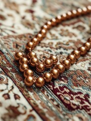A closeup view of a string of shiny gold beads laid out on a patterned rug, suggesting elegance and accessory fashion.