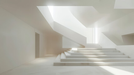A minimalist white interior with a staircase and a large window.