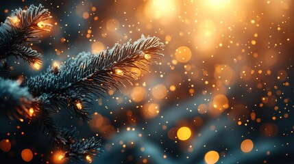 A festive Christmas background with snow-covered tree branches illuminated by warm lights and a soft golden bokeh, ideal for holiday banners, greeting cards, seasonal promotions, and social media.