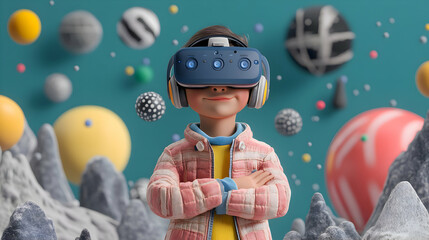 Naklejka premium 3D rendered young boy wearing VR goggles. pastel pink & blue colors.