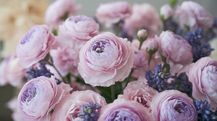  Bouquet of pale pink flowers with lavender hints, featuring soft ruffled petals and scattered green buds. Set against a creamy blurred background, the dreamy pastel palette evokes calmness