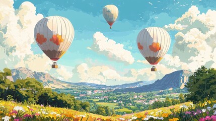 Fototapeta premium Colorful Hot Air Balloons Floating Over Scenic Mountain Landscape