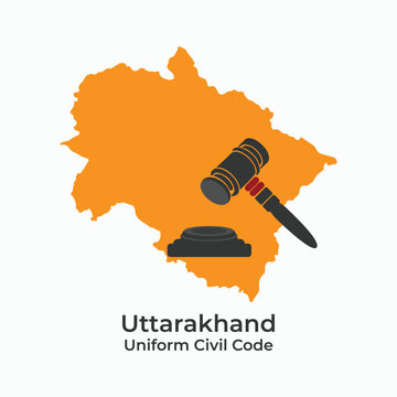 Uttarakhand Uniform Civil Code vector, illustration. Uttarakhand map with gavel design.