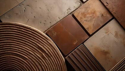 geometric concrete design mood board with concrete tiles color palette texture color pantone 2025 mocha mousse copy space