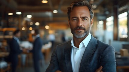 Fototapeta premium Professional leader standing confidently with a team collaborating in an open office environment, full body wide angle, 8K high resolution, with copy space
