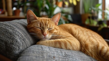 Obraz premium A ginger cat peacefully sleeping on a soft cushion in a warm, cozy living room.